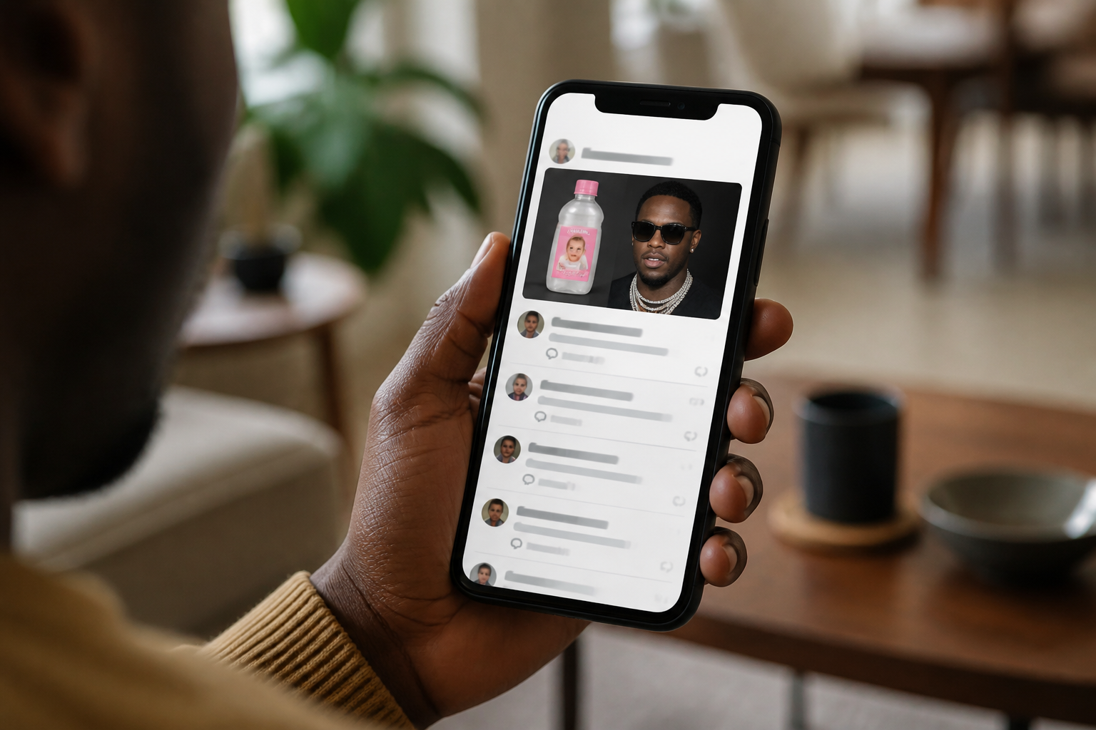 Smartphone showing social media posts about Diddy baby oil