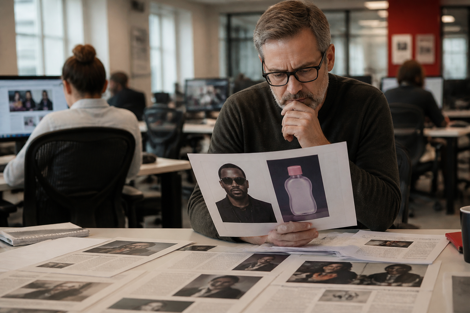 Newsroom desks with headlines about Sean Combs