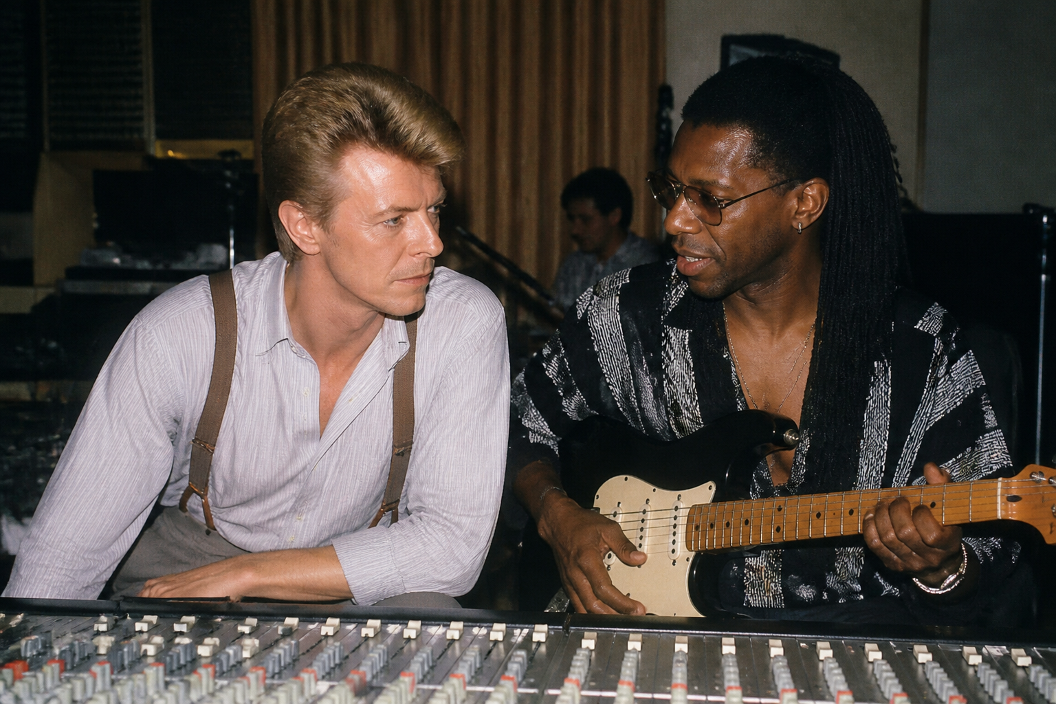 David Bowie and Nile Rodgers in a recording studio