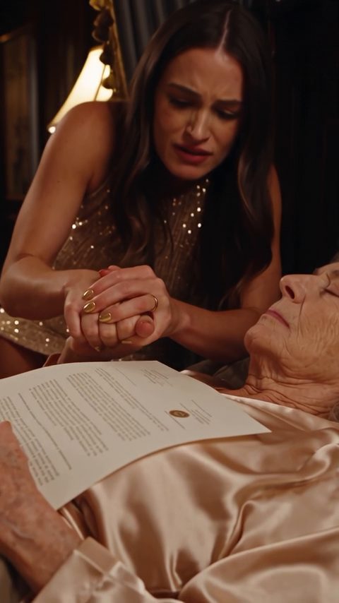 A wealthy elderly woman lies in bed as a woman in a gold dress holds her hand beside legal papers.