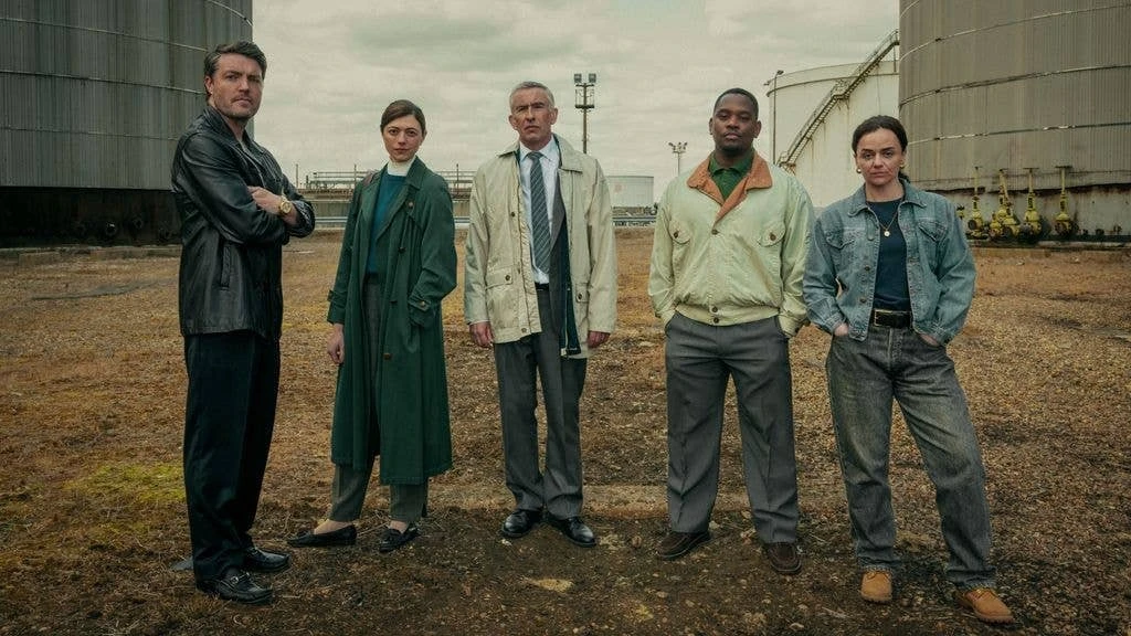 Tom Burke as Guy, Jasmine Blackborow as Erin, Steve Coogan as Don, Aml Ameen as Bailey, Hayley Squires as Kate, in Legends