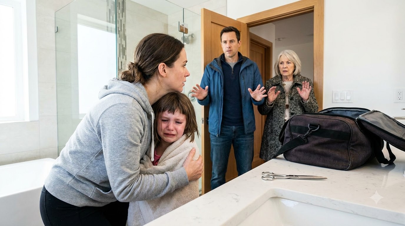 I came home early and heard my five-year-old daughter screaming in the bathroom. When I opened the door, my mother-in-law was forcing scissors through her hair.