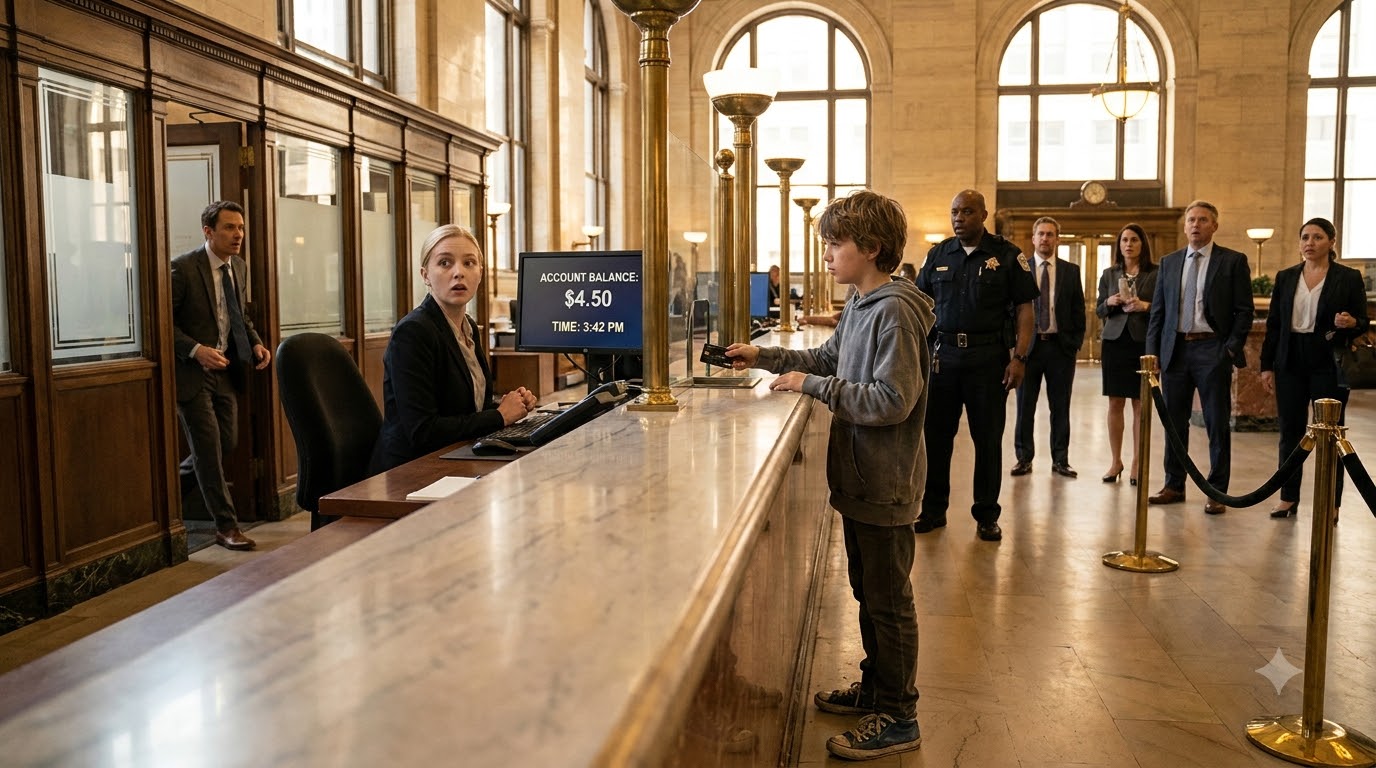 The teller shoved me to the marble floor and told security to throw me out—until I put one scratched bank card on her desk and asked her to check the balance.