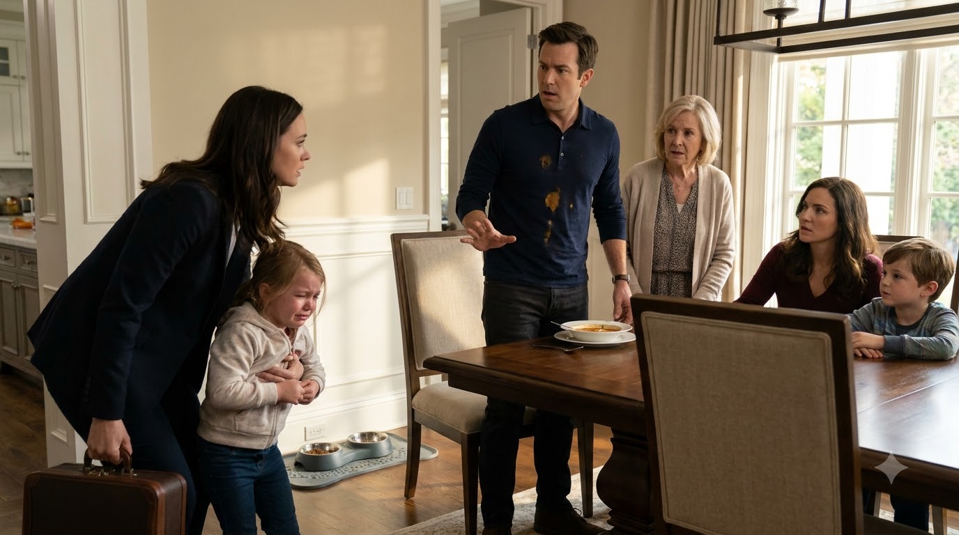 I came home two weeks early from a business trip and found my five-year-old daughter kneeling beside the dog’s tray while my mother-in-law fed another child at our dining table. My husband was sitting beside a woman I had never seen before.