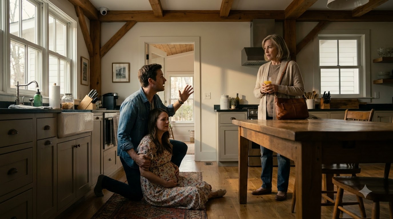At eight months pregnant, I woke up on my kitchen floor clutching my stomach while my mother-in-law stood over me, completely calm. Then my husband walked in and saw the glass beside her.