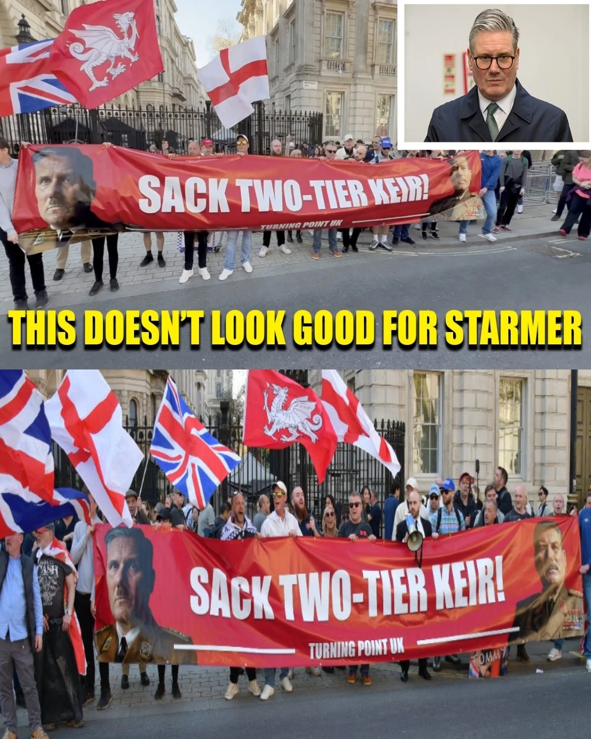 Absolute chaos at the gates of Number 10! 🇬🇧🔥 Furious crowds have completely surrounded the Prime Minister's residence, brandishing explosive banners portraying Keir Starmer as a Soviet dictator!