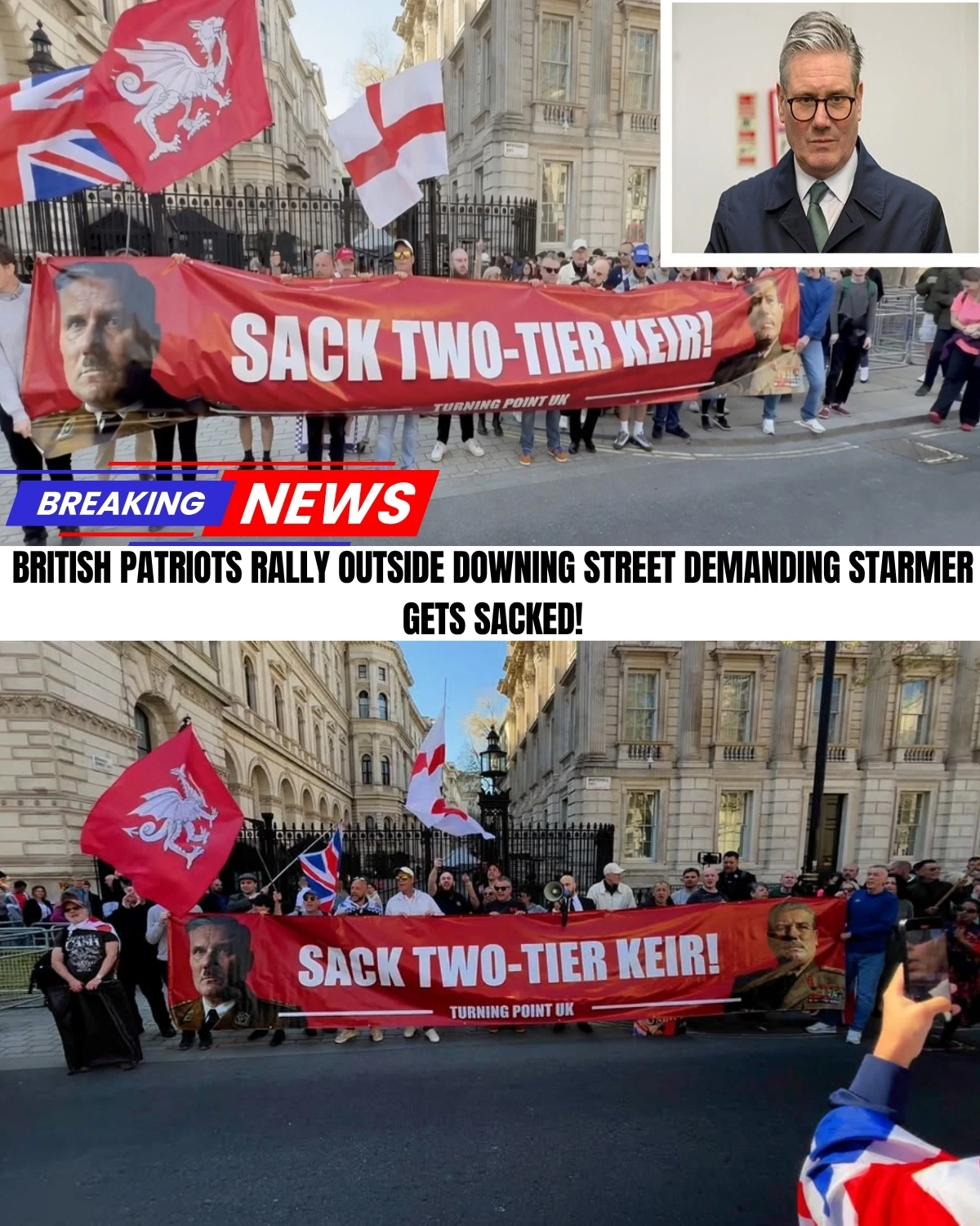 Chaos has erupted outside 10 Downing Street! 😱 Massive crowds are chanting for the immediate resignation of Keir Starmer as the leadership crisis hits a fever pitch. 🔥 From shocking banners comparing the PM to a dictator to the explosive "Two-Tier Keir" backlash—the UK is at a breaking point!