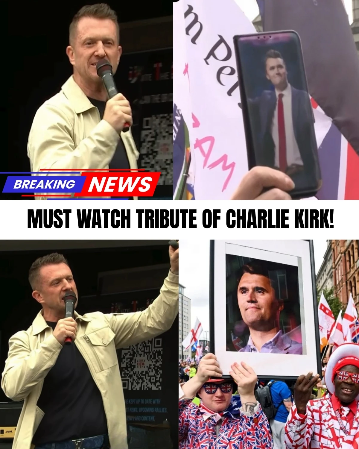 A heavy chill just swept through the massive London rally! 😱 Tommy Robinson stopped everything to deliver a solemn tribute to late US commentator Charlie Kirk, calling him a true political martyr.