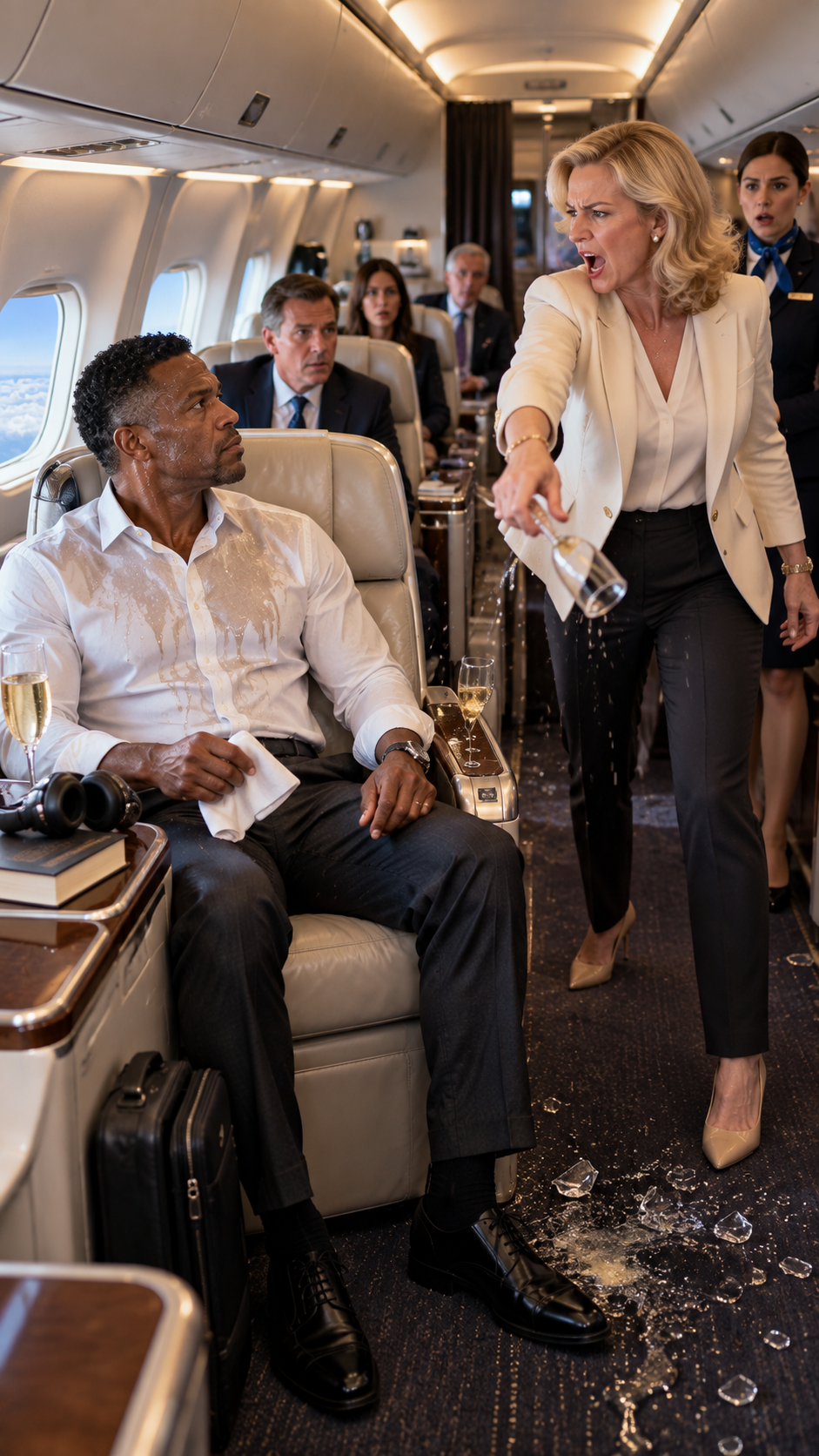 She Threw Champagne in a Quiet Man’s Face at 30,000 Feet and Demanded He Be Removed From First Class. Then Another Passenger Whispered His Name—and the Captain Walked Out of the Cockpit to Greet Him Personally.
