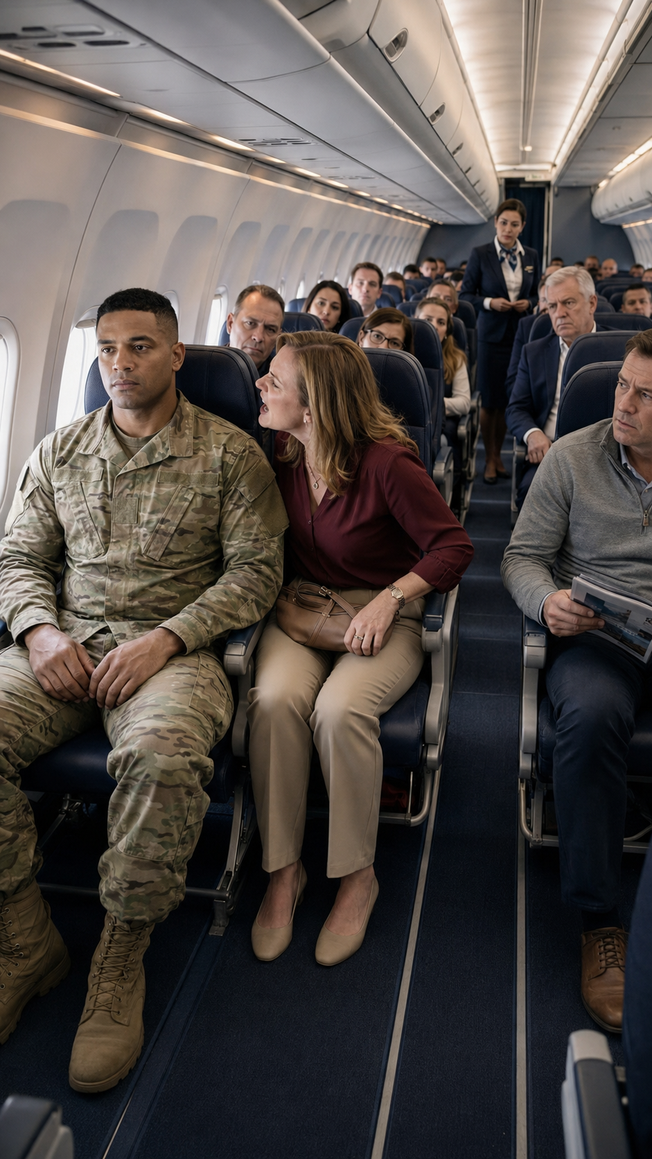 She Spat on a Quiet Service Member in Row 12 and Thought His Silence Meant She Had Won. But She Had No Idea Who Was Sitting Three Rows Behind Them—or What Would Be Waiting at the Gate.