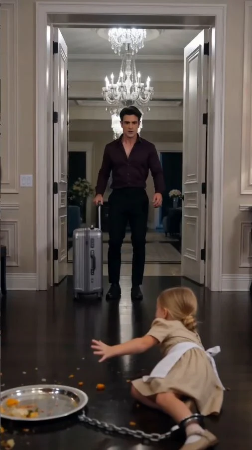 The Fiancée forcefully jerks Sorrel’s ankle chain backward as the little girl tries to carry a serving tray toward the dining tablele.