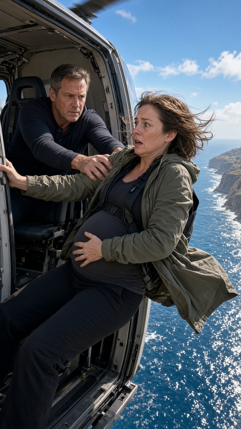 Photorealistic candid social-drama image, vertical 4:5 composition, optimized for Facebook mobile feed, clean polished smartphone photography, bright balanced exposure, crisp deep focus, natural skin texture, sharp faces, visible hands, clear conflict action, emotionally intense but non-graphic. PRIMARY ACTION LOCK: Richard is actively shoving his visibly pregnant wife Amelia backward through the open side doorway of a helicopter high above the California coast, both hands extended against her upper arms as she loses her balance. PRIMARY BEAT: the split second Richard pushes Amelia from the helicopter. ACTION-FIRST DETAIL: Richard drives both hands forward while Amelia recoils backward at the open doorway, one hand instinctively protecting her pregnant belly and the other reaching toward the door frame as wind pulls at her loose jacket. FOCAL LEAD / FOREGROUND: Amelia is the largest readable face in three-quarter profile near the open doorway, eyes wide and locked directly on Richard’s face, chin and nose axis turned toward him, tense fingers gripping toward the doorway, loose practical jacket lifting enough to suggest the compact emergency pack underneath without revealing its purpose, fear and disbelief visible without theatrical posing. POWER FIGURE / AGGRESSOR: Richard stands deeper inside the helicopter, body pitched forward from the completed force of the shove, both hands still extended toward Amelia, jaw set, hard eyes locked on Amelia, no smile, no camera awareness. WITNESSES: none visible. CONFLICT OBJECT: the open helicopter doorway and Amelia’s concealed compact emergency parachute beneath her jacket. VISIBLE CONSEQUENCE: Amelia is off balance at the threshold with her hair and jacket blown violently by rotor wash, the Pacific far below emphasizing immediate danger; do not show impact, injury, or aftermath. NATURAL SETTING ANCHORS: helicopter cabin, bright California coastal sky, blue Pacific Ocean below. SETTING OBJECTS: helicopter seat, safety hardware, door frame, Amelia’s loose jacket. LAYER 7 MICRO-DETAIL: wind-tossed hair, strained fingers, wrinkled jacket fabric, Richard’s tense knuckles, natural facial skin texture, bright reflected ocean light. GAZE DIRECTION: Amelia’s chin, nose axis, pupils, upper torso, and reaching hand orient toward Richard and the door frame; Richard’s chin, nose axis, pupils, shoulders, torso, and hands orient directly toward Amelia; neither character looks toward the camera. NO text overlay, watermark, cuts, gashes, open wounds, weapon-to-skin contact, nudity, passive sadness, finished aftermath, fashion editorial, beauty portrait, static opening shot, American flags, US maps, national monuments, patriotic imagery, national/civic symbols, direct-to-camera gaze, heavy shadows, moody atmosphere, dramatic noir lighting, vintage filter. DO NOT show passive crying, calm standing, generic sadness, the action already finished, portrait-like camera awareness, or any character looking into the lens.