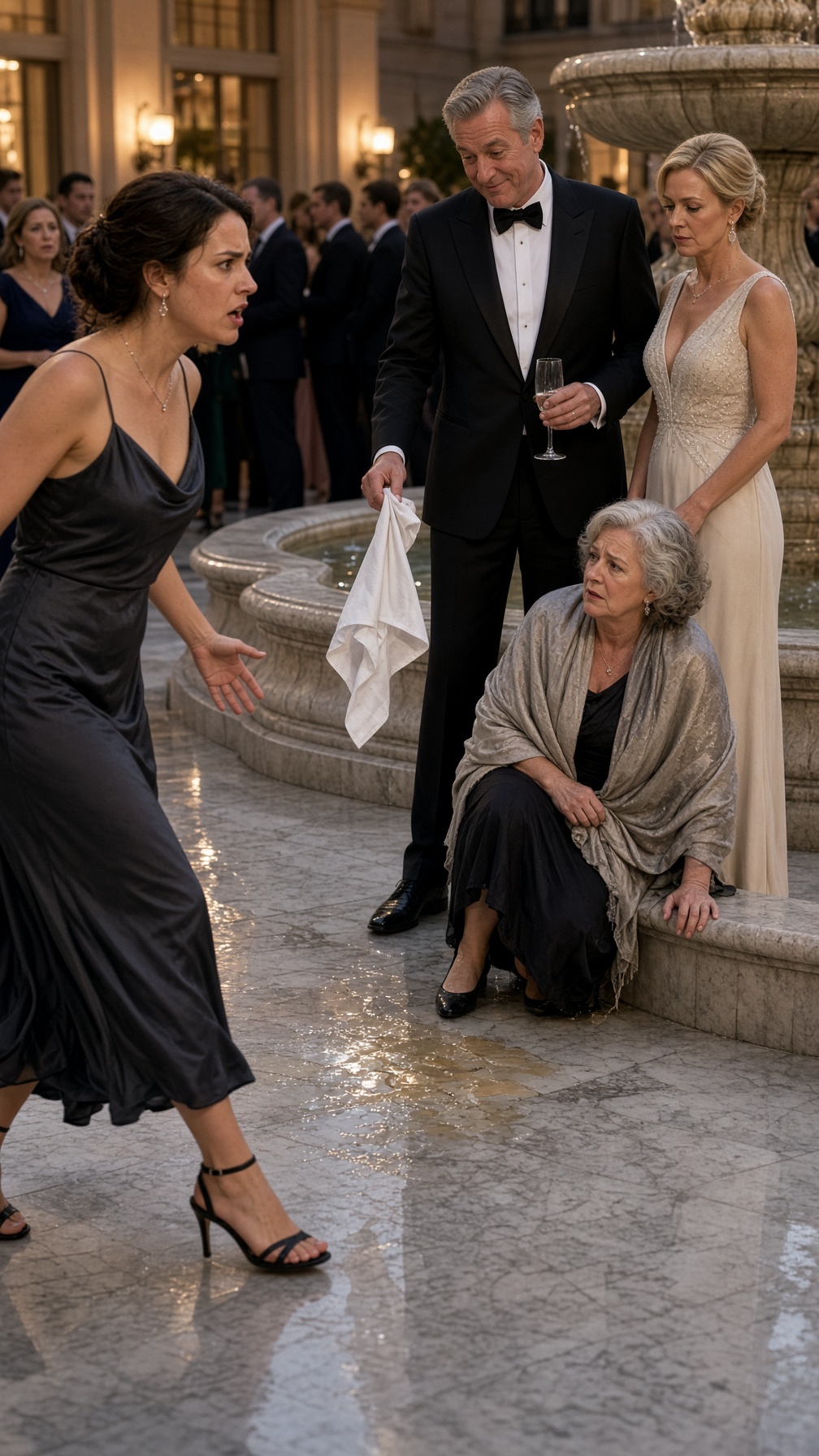 Photorealistic candid social-drama image, vertical 4:5 composition, optimized for Facebook mobile feed, clean polished smartphone photography. Bright elegant residential terrace beside a stone fountain during an evening gathering, warm practical lighting with a clear readable background, no heavy shadows. PRIMARY ACTION LOCK: Garrett, an adult man in formal evening clothes, stands over sixty-four-year-old Miriam as she is down on one knee beside the fountain after champagne has been spilled near her shoes, while he drops a white napkin onto the wet marble and orders her to clean it; Alessia is actively striding toward them from the left foreground after seeing the humiliation. Miriam wears a soaked shawl over modest formal clothing, one hand braced near the fountain edge, face turned toward Alessia with worried protective urgency. Garrett’s chin, nose axis, and both pupils lock on Miriam with smug controlling amusement, empty champagne glass visible in one hand and the white napkin falling from the other. Alessia is the focal emotional lead, largest readable face, three-quarter profile, body pitched forward mid-stride, jaw tense, one hand open at her side after setting down her glass, eyes locked directly on Garrett. Evelyn stands beside Garrett in an ivory gown, posture composed, her gaze fixed on Miriam rather than the camera, expression cold and controlled rather than shocked. ACTION-FIRST DETAIL: the napkin is visibly falling toward the wet marble while champagne glistens around Miriam’s shoes; Alessia is still crossing the final few feet toward them. FOREGROUND: Alessia’s tense face, hands, simple formal dress, and forward movement dominate the left side. POWER FIGURE: Garrett stands spatially above Miriam with the empty glass clearly visible, his posture showing entitled control. CONFLICT OBJECT: empty champagne glass, spilled champagne, and falling white napkin. VISIBLE CONSEQUENCE: Miriam’s shawl is visibly wet, she is on one knee beside the fountain, nearby adult guests have stopped talking and turned toward the humiliation with uncomfortable expressions. Natural skin texture, realistic hair, visible hands and eyes, crisp deep focus, bright balanced exposure, realistic colors. DO NOT show a punch, Garrett already in the fountain, broken crystal, security, aftermath, passive crying, calm posing, or the action already finished. NO text, watermarks, heavy shadows, moody atmosphere, dramatic lighting, vintage or cinematic-noir treatment, American flags, US maps, monuments, patriotic imagery, seals, emblems, eagles, national or civic symbols, or direct-camera gaze.