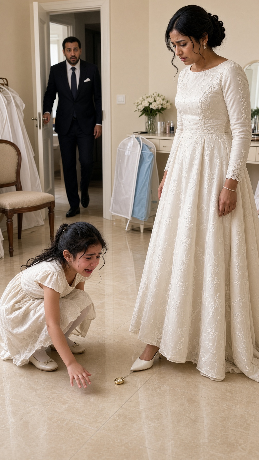 Photorealistic candid social-drama image, vertical 4:5 composition, optimized for Facebook mobile feed, bright clean smartphone photography, natural indoor wedding-room lighting, realistic skin texture, sharp readable faces, emotionally intense but completely non-graphic.
Show the exact moment after a bride has forcefully removed a small sentimental locket from her 8-year-old future stepdaughter. The thin necklace chain has snapped and the locket is sliding across the floor near the bride’s shoe. The child is crouched several feet away, crying and reaching toward the locket, fully clothed in simple age-appropriate wedding attire, with no visible injury, blood, cuts, bruises, or marks.
The bride stands nearby in a modest wedding gown, tense posture, jaw tight, looking directly at the child, not at the camera. No physical contact is happening now.
In the open doorway, the groom has just witnessed the scene. He stands frozen mid-step, visibly shocked and protective, eyes focused on his daughter and the broken necklace.
Include a simple chair, garment bags, and a small dressing table in the bright background.
No violence in progress, no injury, no threatening gestures, no weapons, no gore, no nudity, no sexualization, no direct-camera gaze, no text, no watermark, no dark cinematic lighting, no national or civic symbols.