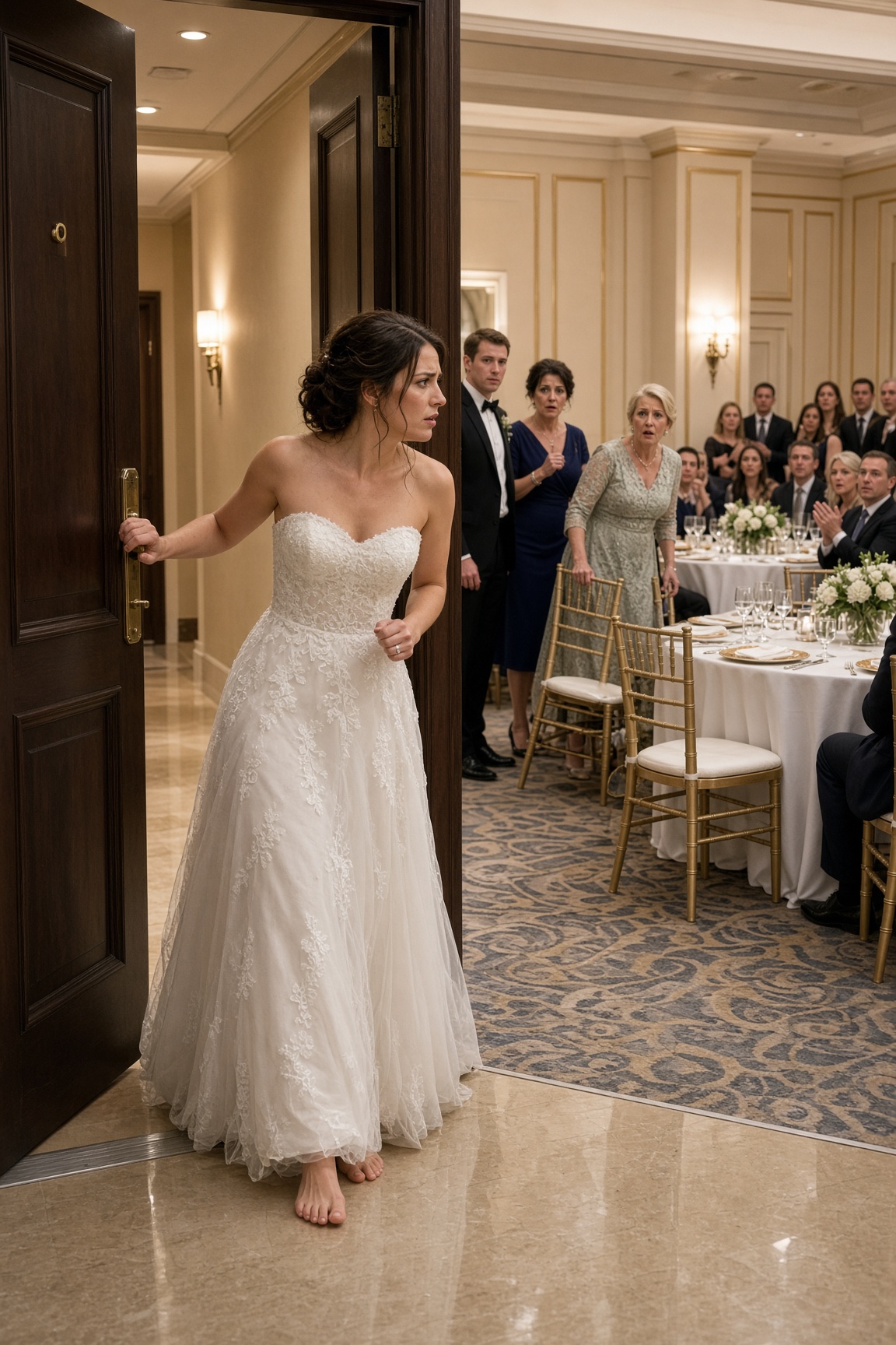 Photorealistic candid social-drama image, vertical 4:5 composition, optimized for Facebook mobile feed, clean polished smartphone photography. PRIMARY ACTION LOCK: a devastated adult bride is actively opening the reception-room double doors alone immediately after discovering her new husband kissing her mother, barefoot in her wedding gown with her veil missing and her wedding ring still visible on her clenched hand. Bright elegant hotel ballroom and adjoining service hallway, natural practical lighting, balanced exposure, crisp readable background, realistic skin texture, no dark cinematic mood. The bride is the focal lead in the center-left foreground, shown in three-quarter profile, one hand gripping the door and the other tense near her ring, her face locked on her aunt Rachel inside the ballroom as Rachel abruptly rises from her chair and stares past the bride toward Vivian. Cal stands several feet behind the bride in the hallway, pale and tense, his chin, nose axis, and pupils locked on Mara. Vivian stands behind him in her wedding-guest dress with slightly smudged mascara, her gaze locked on Rachel, one hand frozen near her chest. ACTION-FIRST DETAIL: the reception entrance is happening now, applause visibly dying as guests turn toward the barefoot bride, while Rachel’s sudden recognition of Vivian becomes the immediate secondary rupture. FOREGROUND: Mara actively opens the doors alone, missing veil clearly apparent, ring visible, bare feet against the polished floor. POWER FIGURE: Vivian remains behind Cal, visibly exposed by Rachel’s stare rather than posing or crying passively. CONFLICT OBJECT: Mara’s wedding ring remains clearly visible on her tense hand, tying the betrayal directly to the ceremony that just happened. VISIBLE CONSEQUENCE: abandoned bridal veil absent from her body, no shoes, disrupted formal entrance, guests frozen mid-applause, Rachel’s chair pushed sharply backward. Realistic American wedding reception setting with ordinary ballroom tables, glassware, neutral floral arrangements, and service hallway architecture only. No character looks at the camera; all visible characters have clear relational gaze targets. DO NOT show passive crying, calm standing, generic sadness, or the action already finished. NO text, watermarks, heavy shadows, moody atmosphere, dramatic noir lighting, vintage filter, American flags, US maps, monuments, seals, eagles, patriotic or civic symbols.