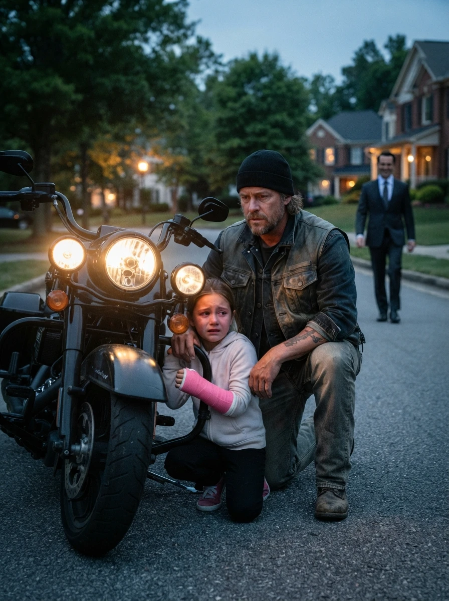 A Terrified Girl Hid Behind a Biker’s Motorcycle—Then Whispered, “He Broke My Arm.”