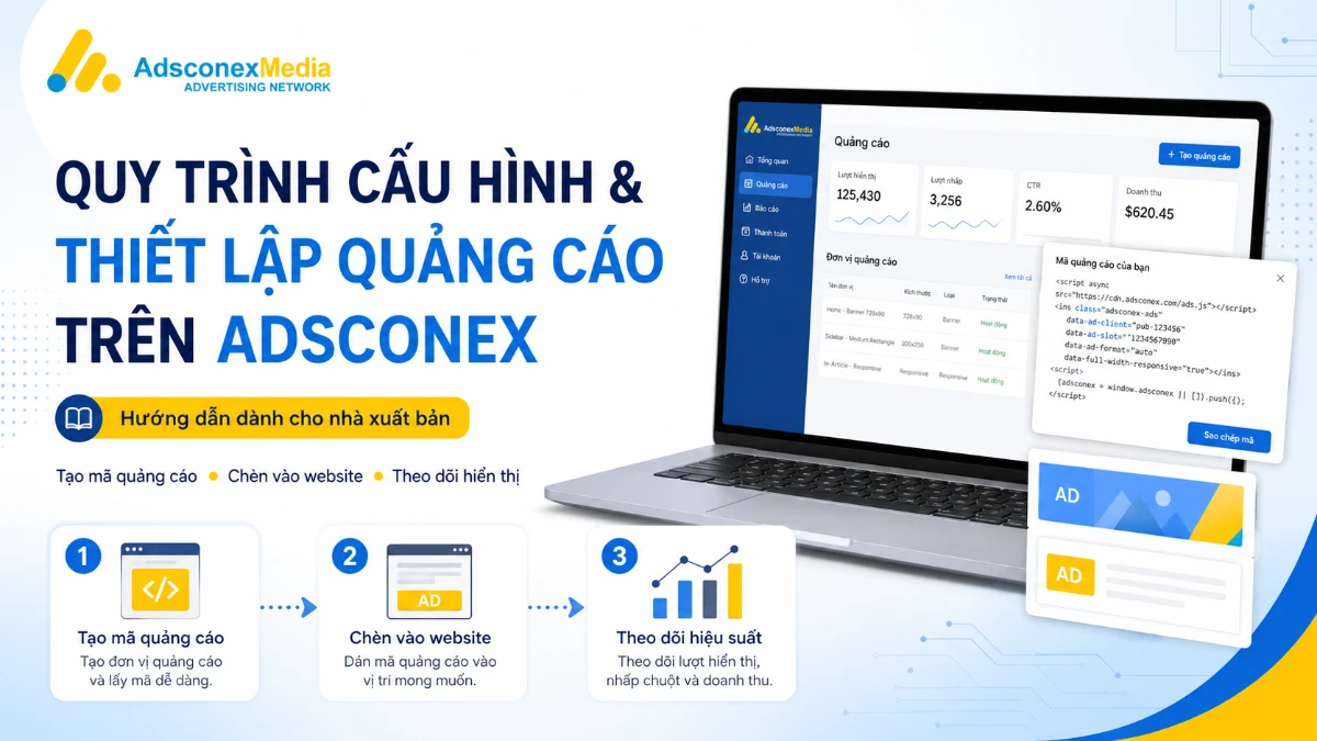 Quy trình cấu hình và thiết lập quảng cáo dành cho nhà xuất bản trên Adsconex