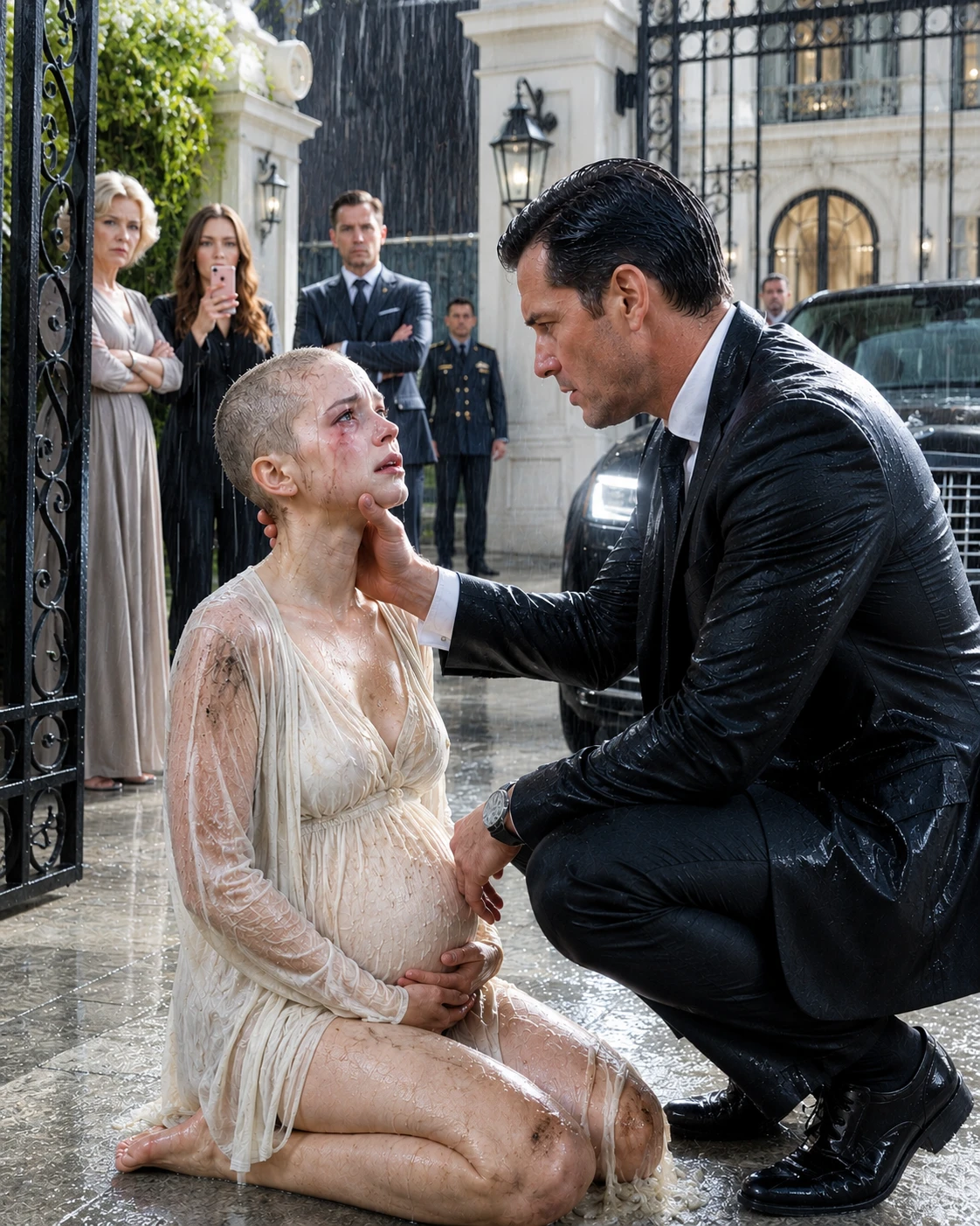 By the time my husband reached the gates, I was eight months pregnant, barefoot in freezing rain, and nearly bald because his mother had ordered my hair hacked off inside the mansion. M1