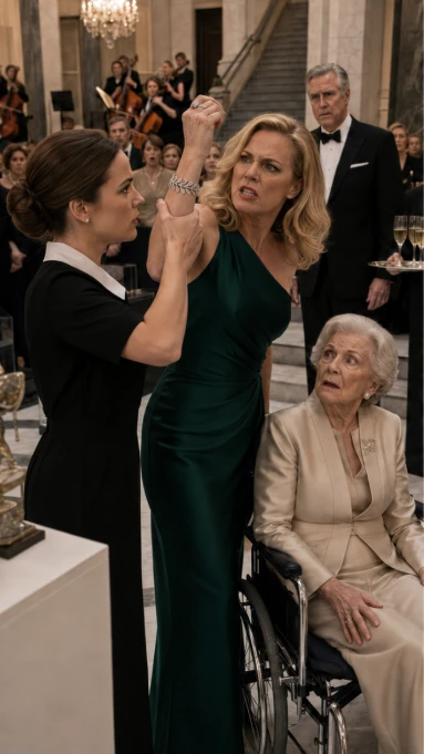 The diamond bracelet caught the chandelier light once as Celeste Waverly’s hand swept down toward the elderly woman’s face.