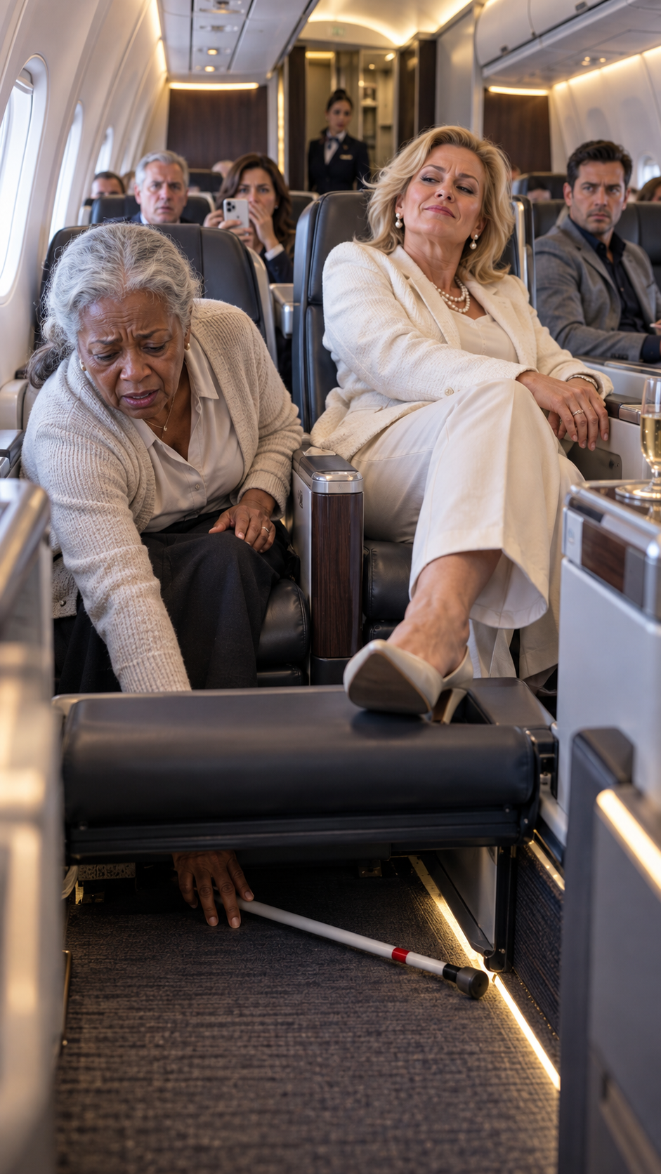 She Stole a Blind Grandmother’s Cane in First Class and Laughed While the Entire Cabin Watched. Then the Quiet Man Beside Her Unzipped His Gray Jacket—and One Federal Badge Made Her Smile Disappear.