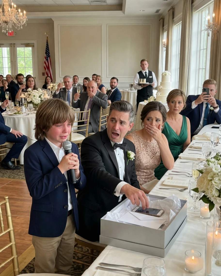 My ex cheated, left me and our son behind, then sent us an invitation to his wedding. During his speech, he laughed, “Leaving that garbage behind was the smartest choice I ever made.” Everyone laughed—until my son walked up, took the microphone, and gave him a “present.” The moment he opened it, his scream froze the entire room.