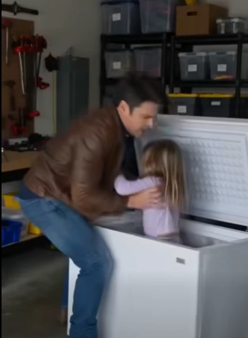 Something inside the chest freezer made the lid shake. When I threw it open, my six-year-old daughter Lily was curled between frozen packages, barefoot and trembling, with frost clinging to her pajamas. Deep scratch marks covered the inside of the lid.